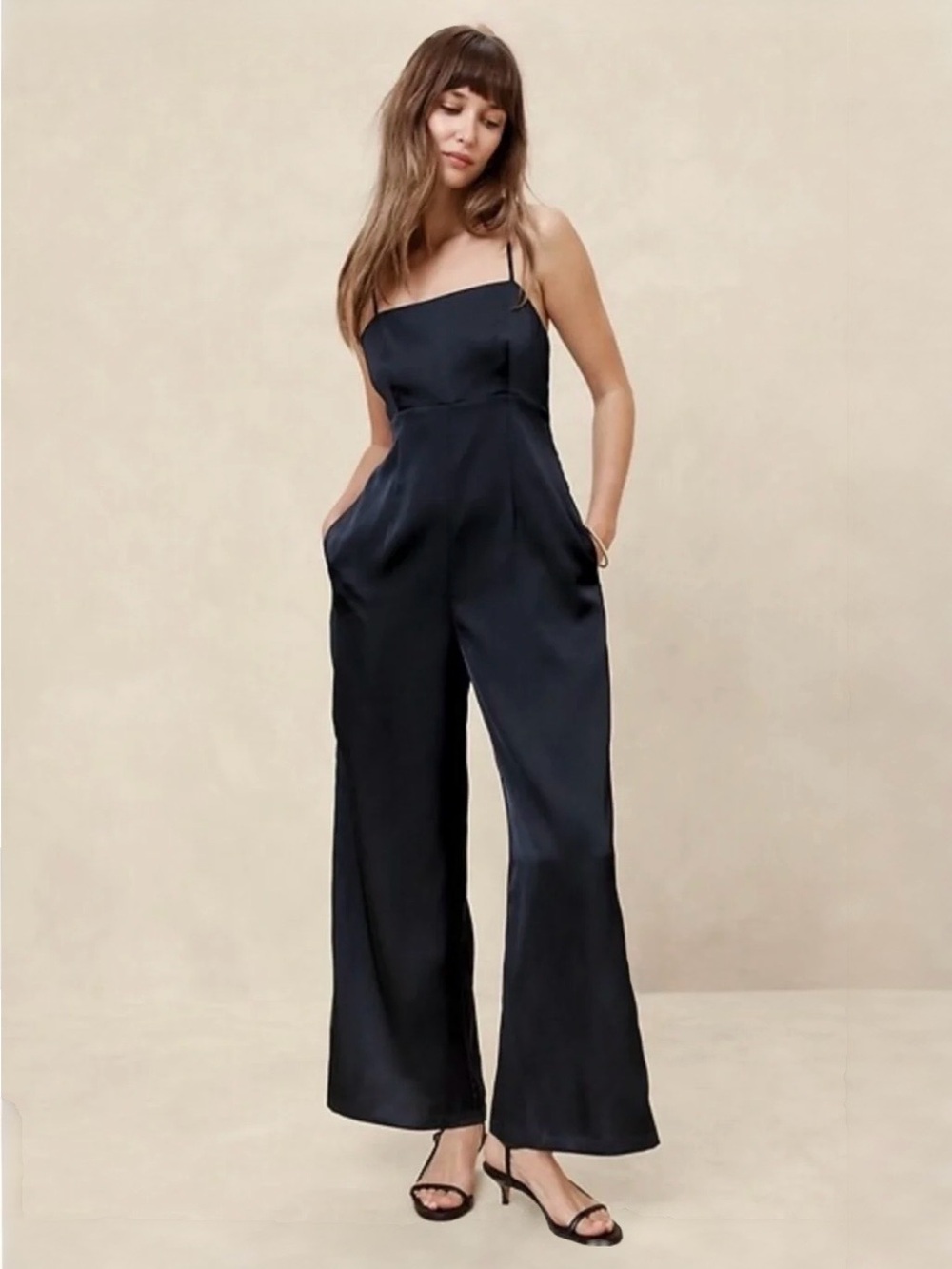 BANANA REPUBLIC, Black Strappy Satin Jumpsuit, Size 8P, NWT